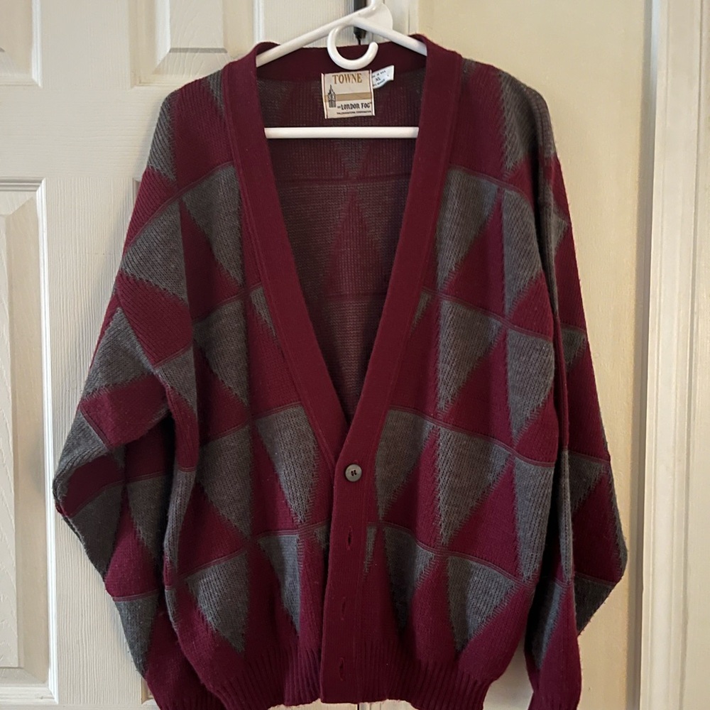 London Fog Men's Cardigan in Burgundy and Gray